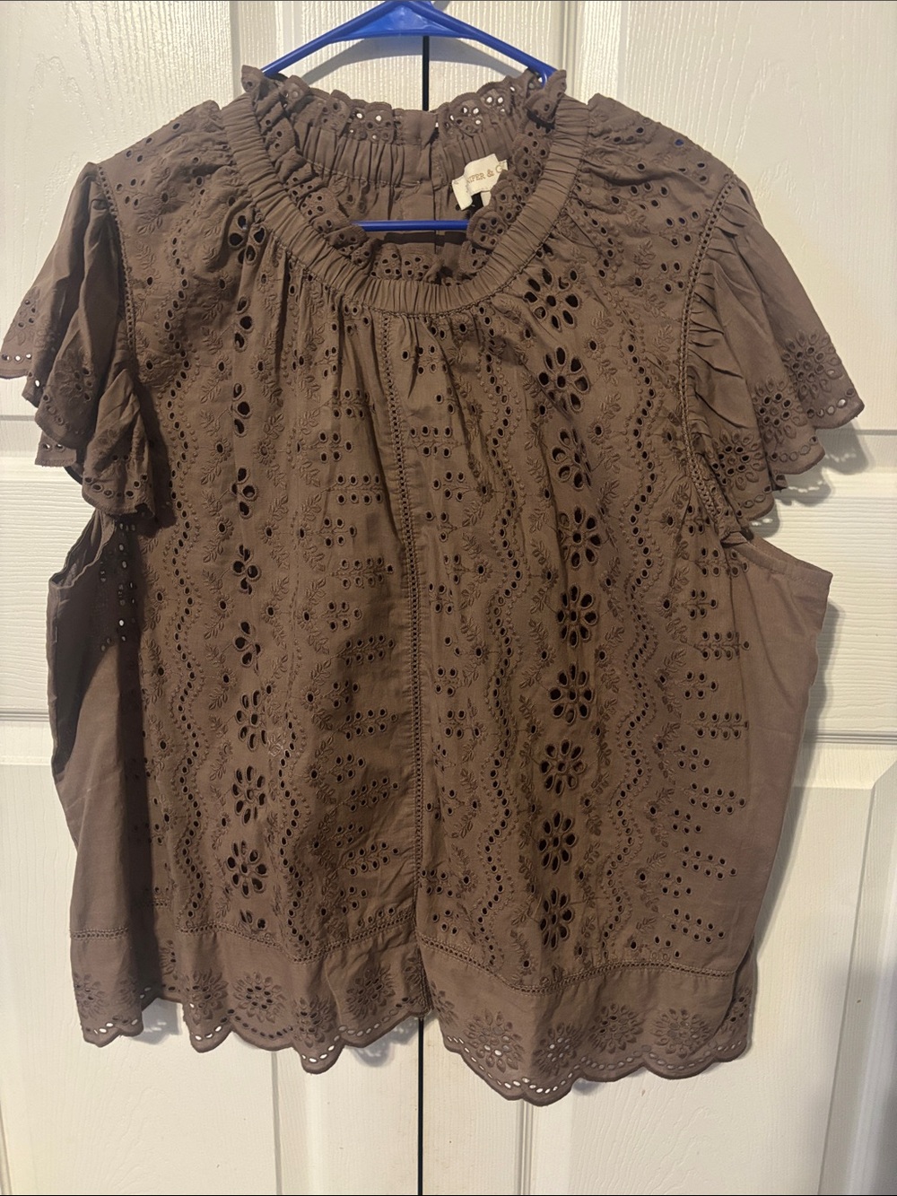 Embroidered Eyelet Flutter-Sleeve Blouse - Brown